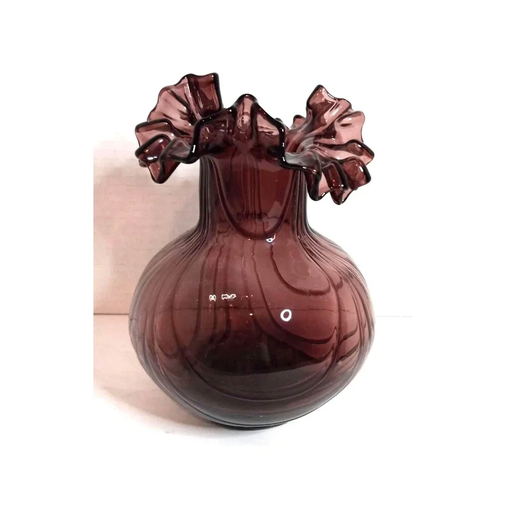 Vintage Hand Blown Amethyst Glass Vase.Ruffled Lip Melon Base